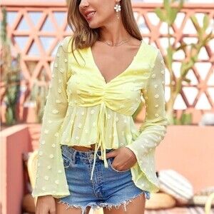 Double Crazy Yellow Sheer Bell Sleeve Drawstring Swiss Dot Peplum Top